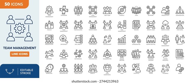 Team management icon set. Contain icons related to teamwork, organization, management, task, coordination, brainstorming, meeting, coaching, and more. Editable stroke, Vector Illustration