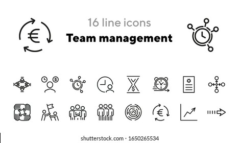 Team management icons. Set of line icons. Time is money, teamwork, time agility. Business concept. Vector illustration for topics like business process, finance, professional skill, career development