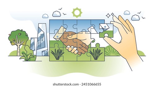 Team management for partnership or collaboration outline hands concept. Professional business deal or agreement closure with successful cooperation vector illustration. Teamwork leadership in company