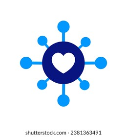 Team management. Social media networking. Connected loving heart with hub and spoke. Central database with heart. Molecule or atom scientific illustration.