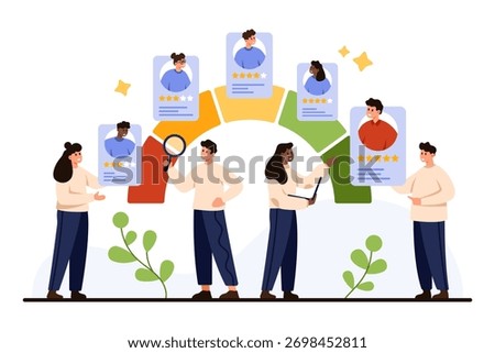 Team managers assessing employee profiles with star ratings, highlighting performance review, evaluation, and feedback process in a modern workplace vector illustration