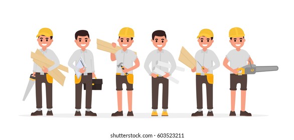 Team of many various carpenters, foreman, engineer, joiners and woodworkers. Vector illustration in flat style