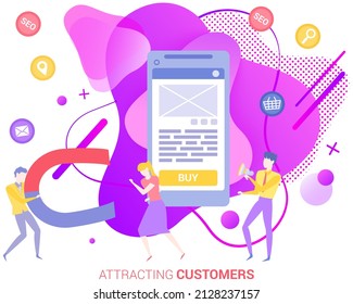 Team of marketers exploring customer base in mobile app. Attracting customers, proper digital marketing concept. Tool for successful business development. People work with online advertising