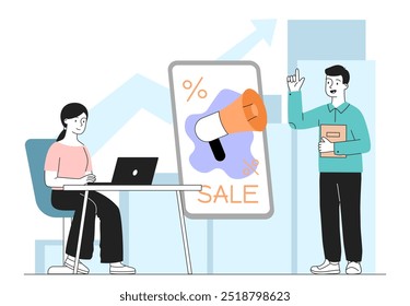 Team of marketers. Man and woman near poster with loudspeaker. Advertising and marketing. Colleagues and partners work on common project. Linear vector illustration isolated on white background