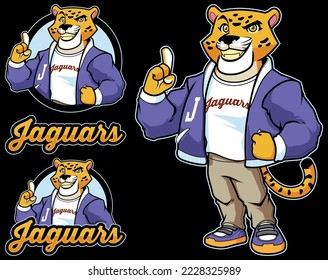 Team mascot with cool jaguar wearing sports jacket, pants and sneakers.