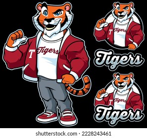 Mascota de equipo con tigre fresco usando chaqueta deportiva, pantalones y zapatillas.