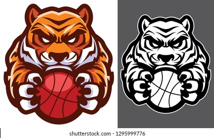 Team mascot with determined tiger holding basketball ball.
