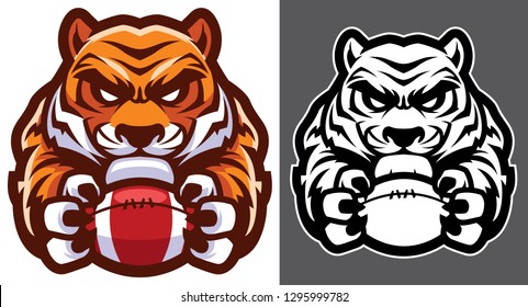 Team mascot with determined tiger holding American football ball.