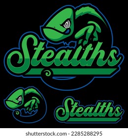 Team mascot illustration of cartoon green chameleon lizard.
