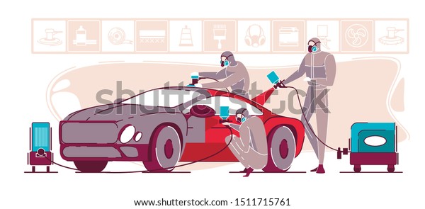 Team Masters in Uniform Polishing and Dying\
Vehicle Body in New Color Using Spray Paint Gun Flat Cartoon Vector\
Illustration. Auto Tuning Atelier or Garage. Automobile Service and\
Maintenance.