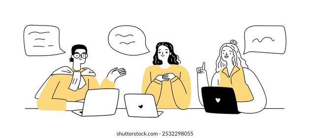 Team meating concept. Modern office workers at desk discussing project isolated. Vector hand drawn illustration.