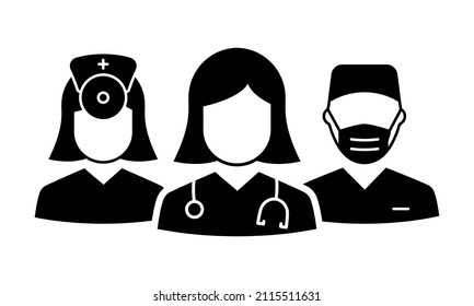 Team of Medic Professional Doctors Silhouette Icon. Male and Female Physicians Specialist, Otolaryngologist and Surgeon Pictogram. Assistants and Nurse Black Icon. Isolated Vector Illustration.