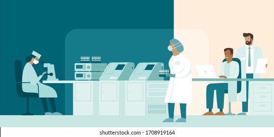 Team of medic scientist making research in lab.  Development of vaccine protecting people from novel coronavirus causing covid-19 viral pneumonia pandemic outbreak worldwide. Flat vector illustration