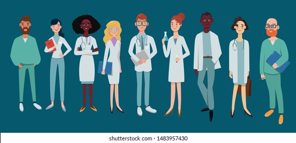 team of medical doctors are looking at camera and smiling, doctors concept, medical office or laboratory, flat vector concept illustration