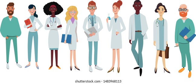 team of medical doctors are looking at camera and smiling on white background, modern flat vector concept digital illustration, doctors concept, laboratory, hospital.
Clinic personnel with happy faces