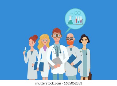 Team of medical doctors are looking at camera and smiling on white background, laboratory, hospital.
Clinic personnel with happy faces