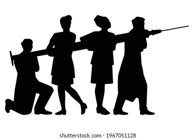 Team of medical people doctor nurse with vaccine injection needle  for fight against Coronavirus silhouette on white background, medicine healthy concept.