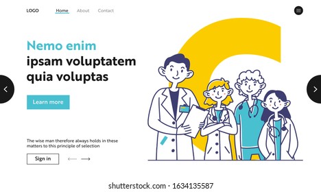 Team of medical practitioners. Doctors in white coats and scrubs with stethoscopes flat vector illustration. Physicians, medicine, occupation concept for banner, website design or landing web page