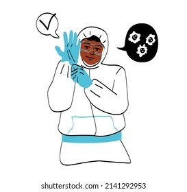 Team of medical professionals. Man in protective suit puts on gloves. Doctor who works in especially dangerous cases. Biological and chemical viruses, immunologist. Cartoon flat vector illustration