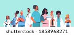 team of medical professionals mix race doctors in uniform standing together medicine healthcare concept horizontal portrait vector illustration