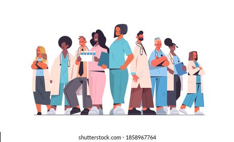 team of medical professionals mix race doctors in uniform standing together medicine healthcare concept horizontal full length vector illustration