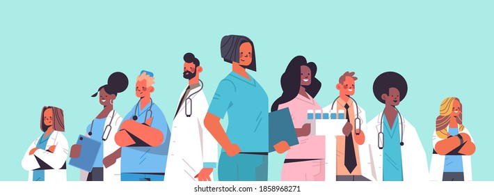 team of medical professionals mix race doctors in uniform standing together medicine healthcare concept horizontal portrait vector illustration