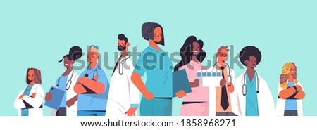 team of medical professionals mix race doctors in uniform standing together medicine healthcare concept horizontal portrait vector illustration