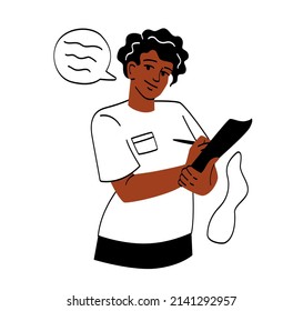 Team of medical professionals. Young guy in white Tshirt writes down information on tablet with documents. Doctor conducts survey of patient, making diagnosis. Cartoon flat vector illustration