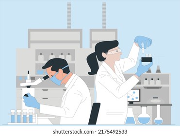 Team of Medical Research Scientists Collectively Working on a New Generation Experimental Drug Treatment. Laboratory Looks Busy, Bright and Modern. Asian quality control expert is looking microscope