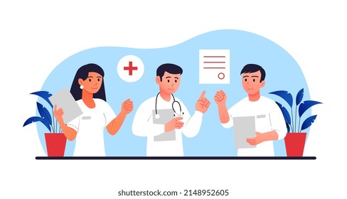 Equipo de especialistas médicos. Hombres y niñas en abrigos médicos reunidos. Los profesionales hacen el diagnóstico y seleccionan los mejores métodos de tratamiento. Concepto de salud. Dibujo vectorial plano de dibujos animados