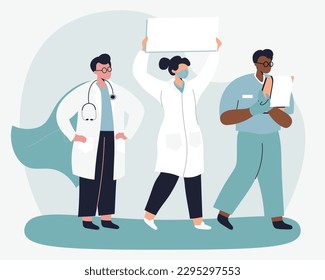 Team of medical workers doctor with placard and doctor in super hero cape