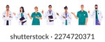 A team of medical workers. Doctors and nurses show different gestures. Thumbs up, Ok, point with index finger, point with hand, cross arms. Smiling characters isolated on white. Flat vector.
