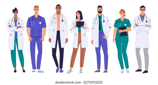 Un equipo de trabajadores médicos. Doctores, enfermeras aisladas en blanco. Caracteres en abrigos y exfoliaciones blancos. Un grupo de personal médico está de pie a plena altura. Médicos hombres y mujeres. Vector plano.