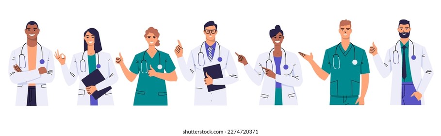 A team of medical workers. Doctors and nurses show different gestures. Thumbs up, Ok, point with index finger, point with hand, cross arms. Smiling characters isolated on white. Flat vector.
