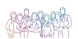 Team Of Medical Workers. Hospital Staff. Medical Concept. Rainbow Color. Sketch Vector Illustration.