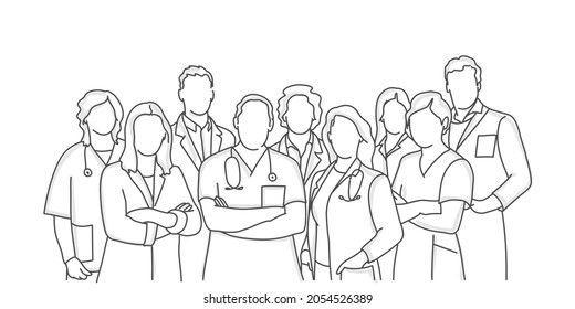 Equipo de trabajadores médicos. Personal del hospital. Concepto médico. Ilustración vectorial dibujada a mano. Blanco y negro.