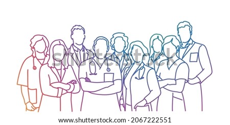 Team of medical workers. Hospital staff. Medical concept. Rainbow color. Sketch vector illustration.