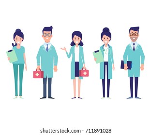 Team of medical workers isolated on a white background.  Flat Vector illustration in cartoon style.