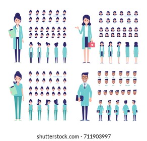 Equipo de trabajadores médicos aislados con antecedentes blancos.  Ilustración de Vector plano en estilo caricatura. Caracteres para la animación - Vista frontal, lateral, trasera.