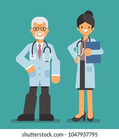 Team of medical workers standing on a blue background. Hospital staff. Vector illustration, character design in flat style.