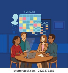 Team Meeting with AI Timetable Vector Illustration