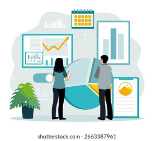 Reunión del Equipo en la que se analizan los datos comerciales y las estadísticas financieras. Dos colegas que examinan gráficos y gráficos de negocios, discuten el crecimiento financiero y el análisis de datos.