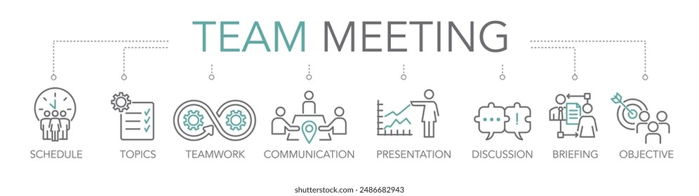 Team meeting and briefing concept. Keywords and editable thin line vector icons two-tone