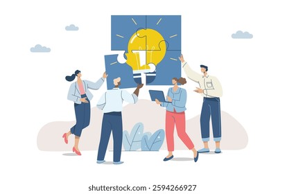 Team meeting to develop common ideas, Business team brainstorming, Teamwork with all employees involved, Business people connecting light bulb jigsaw puzzle together. Flat vector illustration.
