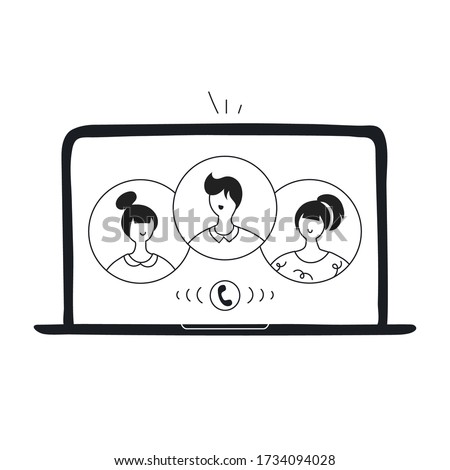 Team meeting, group call, work from home concept. Video conference, workplace, laptop screen, group of people talking by internet. Stream, web chatting, online meeting friends. Flat line vector