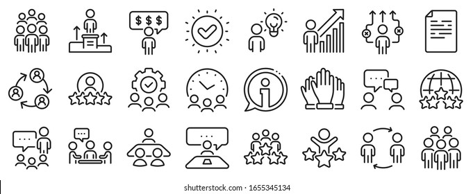 Team, meeting, job structure. Business people line icons. Group people, communication, member icons. Congress, talk person, partnership. Job interview, business idea, voting. Vector