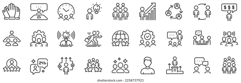 Team, meeting, job structure. Business people line icons. Group people, communication, member icons. Congress, talk person, partnership. Job interview, business idea, voting. Vector