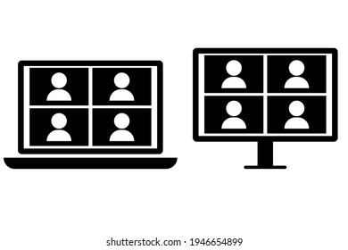 Team meeting online. Distance learning. Video conference, video call. Social network. Stock vector image. EPS 10.