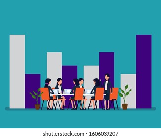 Team meeting and planning for company a bar graph. The concept of Conference