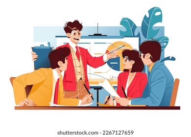 Team meeting with presentation, business attire, engaging discussion, pointing and paper-holding speaker. Vector illustration.